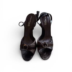 Via Spiga Women's Dark Brown Velvet Jeweled Open-toe Strappy Heels Made in ITALY